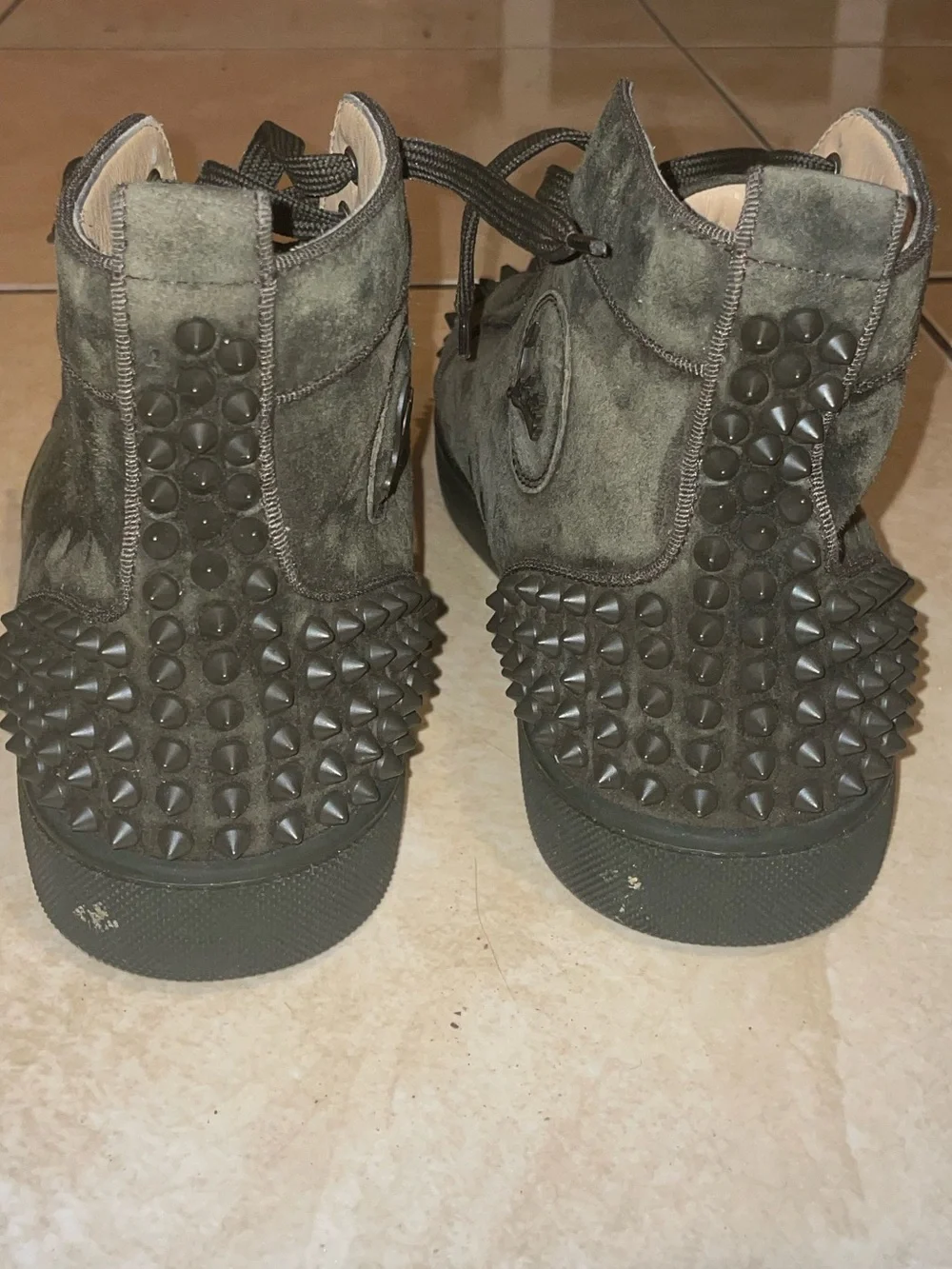 Olive green spiked Christian Louboutin Suede High Top Sneakers